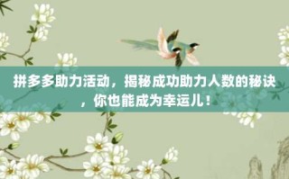 拼多多助力活动，揭秘成功助力人数的秘诀，你也能成为幸运儿！