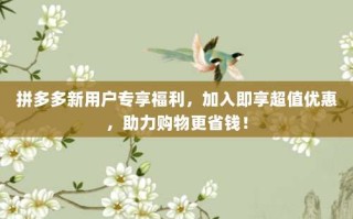 拼多多新用户专享福利，加入即享超值优惠，助力购物更省钱！