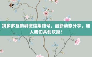 拼多多互助群微信集结号，最新动态分享，加入我们共创双赢！