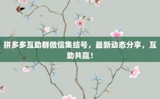 拼多多互助群微信集结号，最新动态分享，互助共赢！