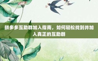 拼多多互助群加入指南，如何轻松找到并加入真正的互助群