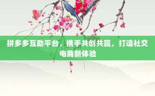 拼多多互助平台，携手共创共赢，打造社交电商新体验
