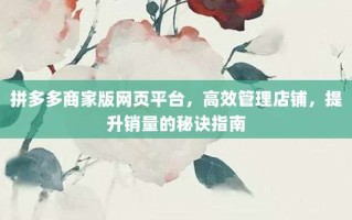 拼多多商家版网页平台，高效管理店铺，提升销量的秘诀指南