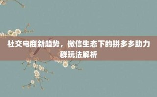 社交电商新趋势，微信生态下的拼多多助力群玩法解析