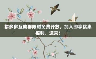 拼多多互助群限时免费开放，加入即享优惠福利，速来！