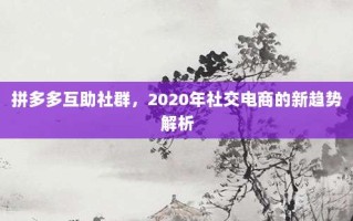 拼多多互助社群，2020年社交电商的新趋势解析
