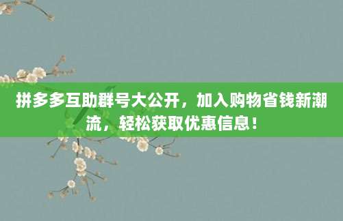 拼多多互助群号大公开，加入购物省钱新潮流，轻松获取优惠信息！-第1张图片-拼多多助力