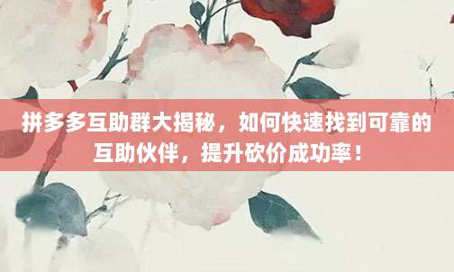 拼多多互助群大揭秘,如何快速找到可靠的互助伙伴,提升砍价成功率!-第1张图片-拼多多助力 拼多多互助群大揭秘,如何快速找到可靠的互助伙伴,提升砍价成功率!-第1张图片-拼多多助力